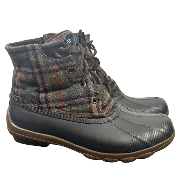 Sperry Women's Saltwater Plaid shaft Brown/Green Duck Boots Size 6 Outdoor Rain - Picture 1 of 12